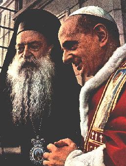 Paus Paulus VI ontmoet de Patriarch van Constantinopel Athenagoras I te Jeruzalem