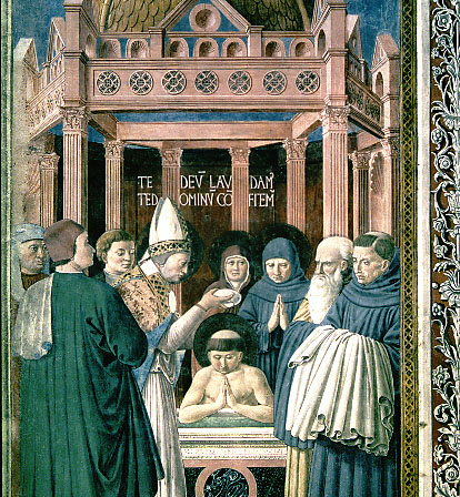 Doop van de H. Augustinus door de H. Ambrosius, Bisschop van Milaan (door Benozzo Gozzoli geschilderd)