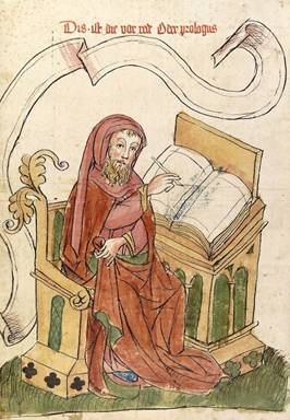 De heilige Ambrosius aan zijn schrijftafel (Bijbelhandschrift Hagenau 1441-1446 - Universiteitsbibliotheek Heidelberg)