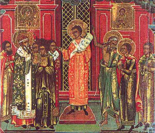 Romanus in dalmatiek (Diakengewaad) - voor de Iconostase, terwijl hij een hymne voordraagt.